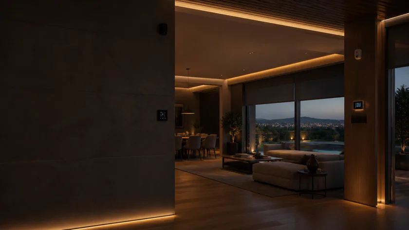 Aydınlatma, perde ve iklim kontrolü bulunan modern akıllı ev